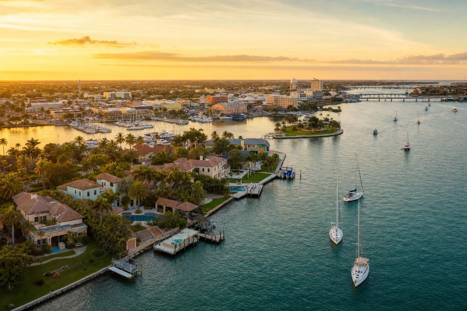 Aerial view of Punta Gorda and Charlotte Harbor at golden hour