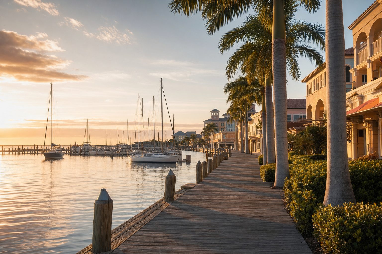 Punta Gorda harbor boardwalk at golden hour